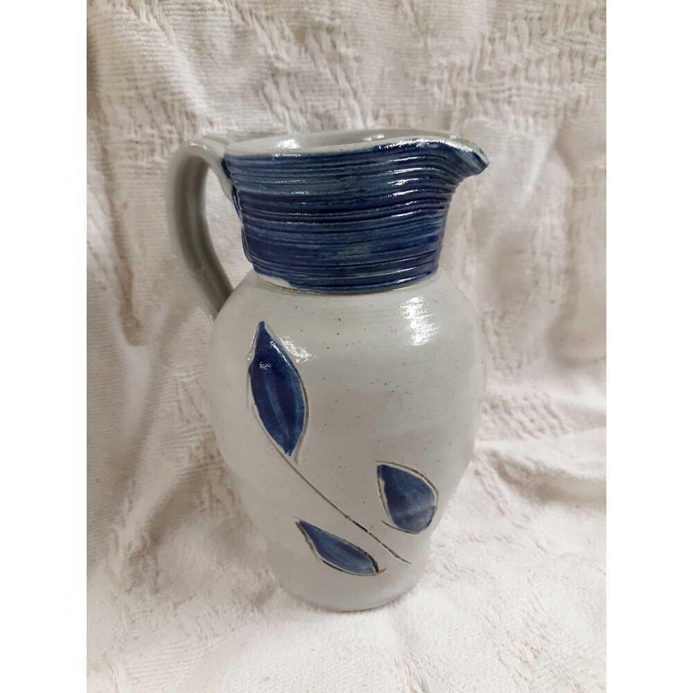 Vintage Williamsburg Pottery Pitcher Ceramic Stoneware Cobalt Blue Leaves